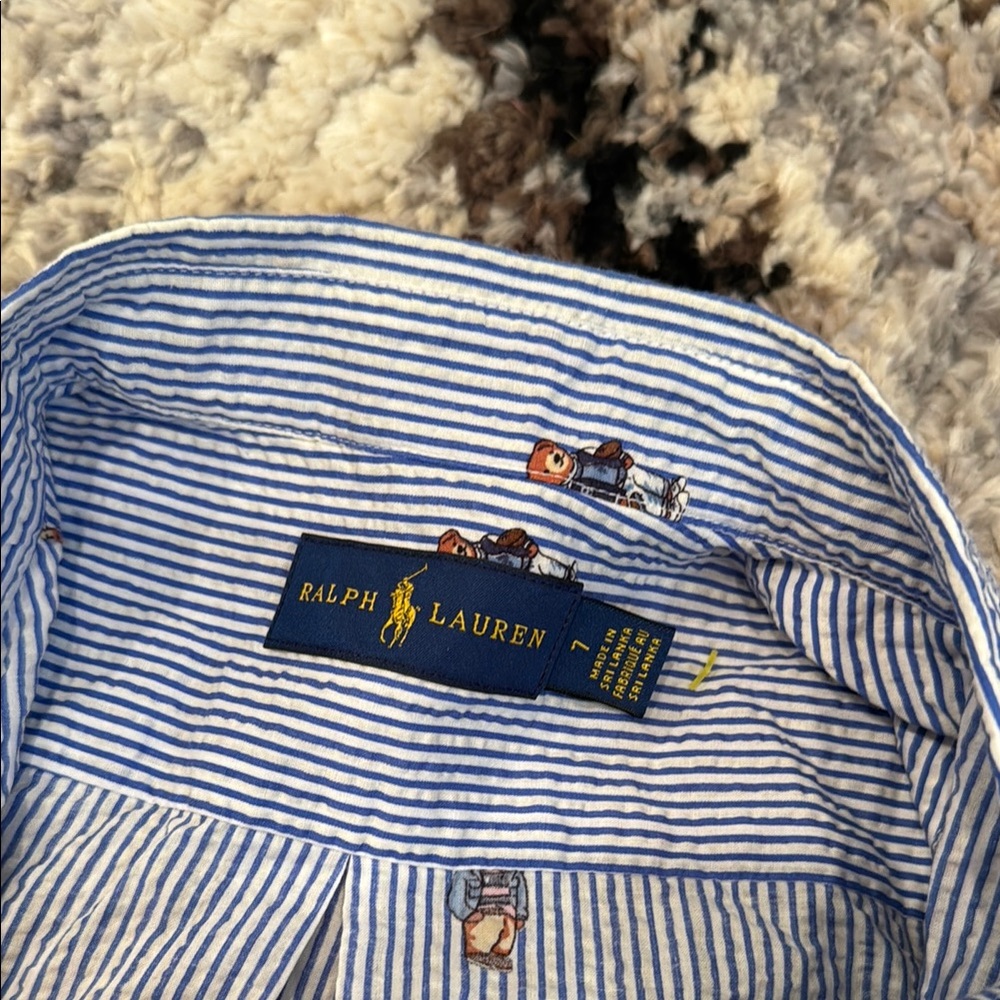 Ralph Lauren Boy’s Blue and White Striped Seersucker Bear Printed Button Down - Picture 4 of 4